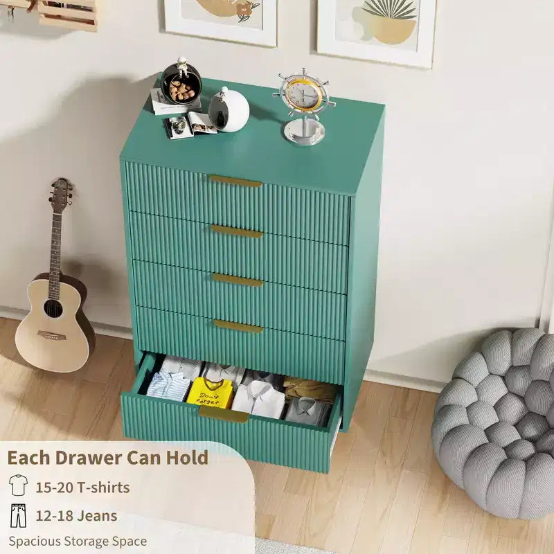 Commode à 5 tiroirs pour chambre à coucher, commode en bois de 29,5 pouces, commode cannelée avec poignées en métal doré, organisateur grande capacité pour couloir et entrée
