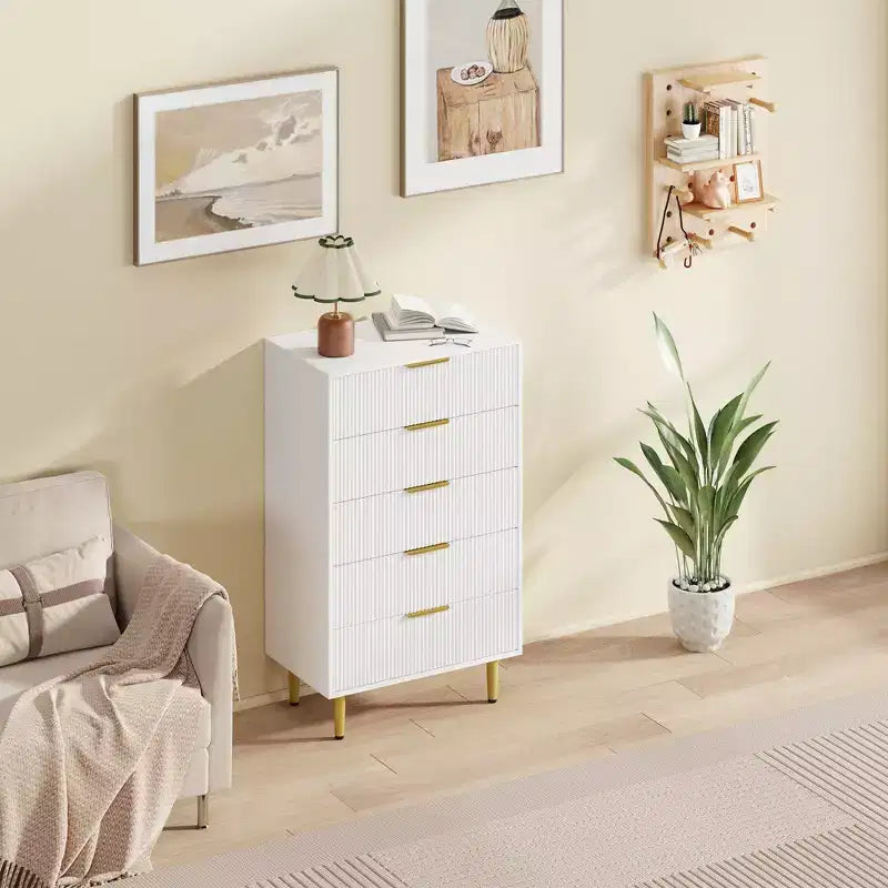 Commode à 5 tiroirs pour chambre à coucher, commode en bois de 29,5 pouces, commode cannelée avec poignées en métal doré, organisateur grande capacité pour couloir et entrée