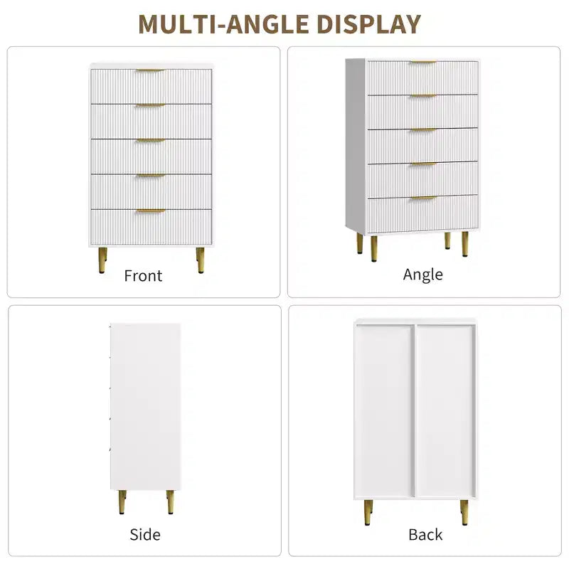 Commode à 5 tiroirs pour chambre à coucher, commode en bois de 29,5 pouces, commode cannelée avec poignées en métal doré, organisateur grande capacité pour couloir et entrée