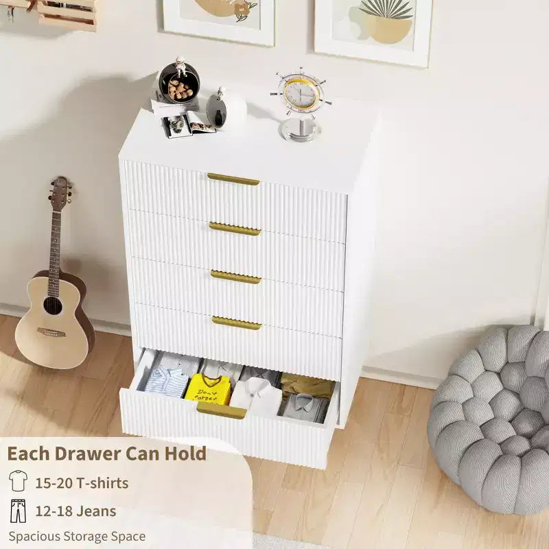 Commode à 5 tiroirs pour chambre à coucher, commode en bois de 29,5 pouces, commode cannelée avec poignées en métal doré, organisateur grande capacité pour couloir et entrée