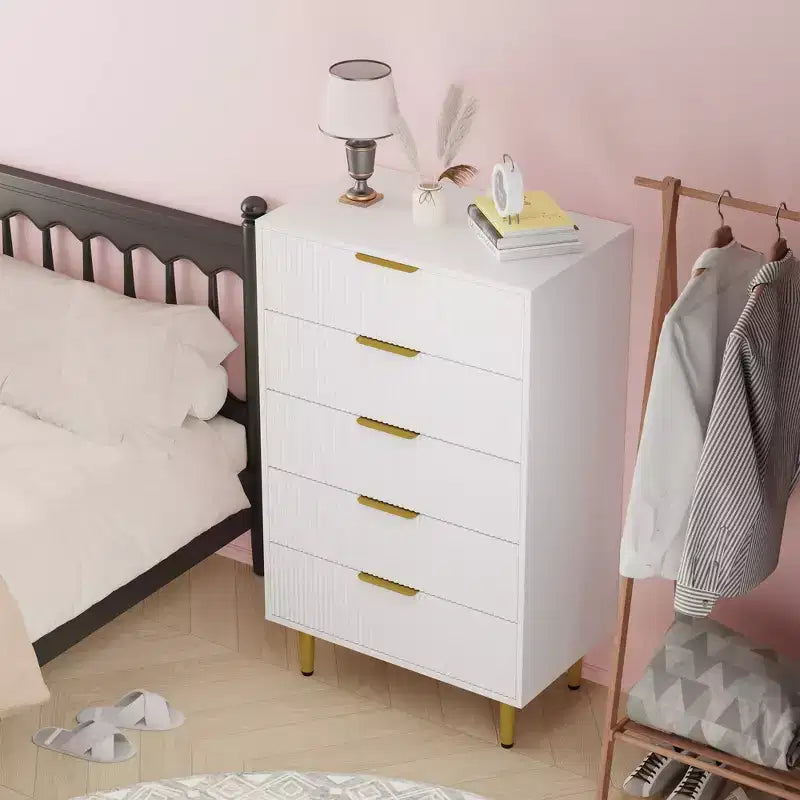 Commode à 5 tiroirs pour chambre à coucher, commode en bois de 29,5 pouces, commode cannelée avec poignées en métal doré, organisateur grande capacité pour couloir et entrée