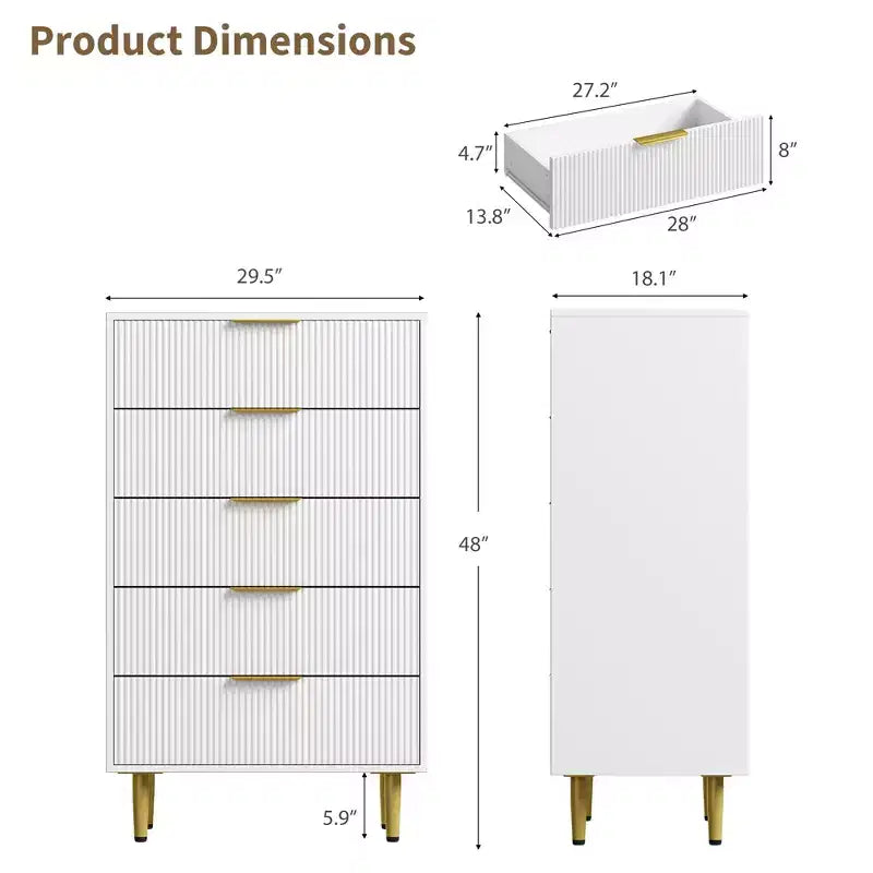 Commode à 5 tiroirs pour chambre à coucher, commode en bois de 29,5 pouces, commode cannelée avec poignées en métal doré, organisateur grande capacité pour couloir et entrée