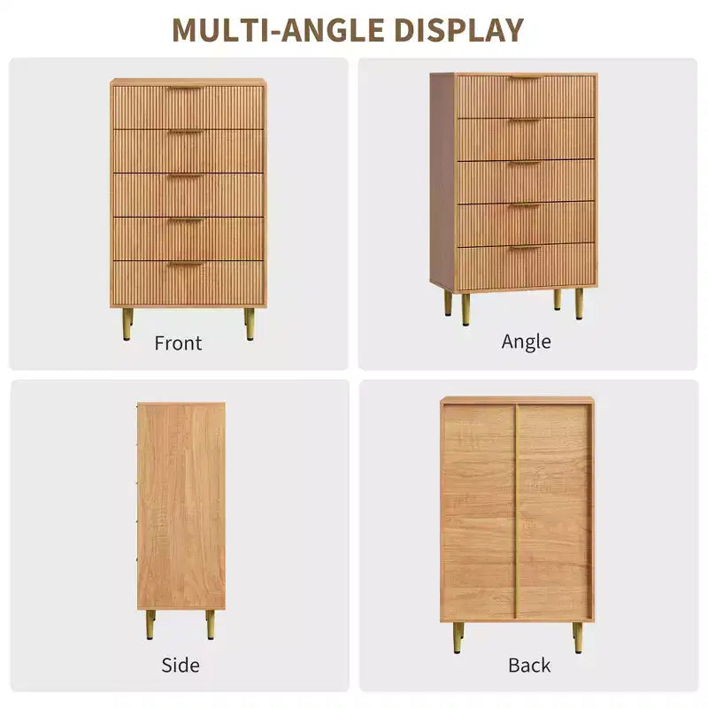 Commode à 5 tiroirs pour chambre à coucher, commode en bois de 29,5 pouces, commode cannelée avec poignées en métal doré, organisateur grande capacité pour couloir et entrée