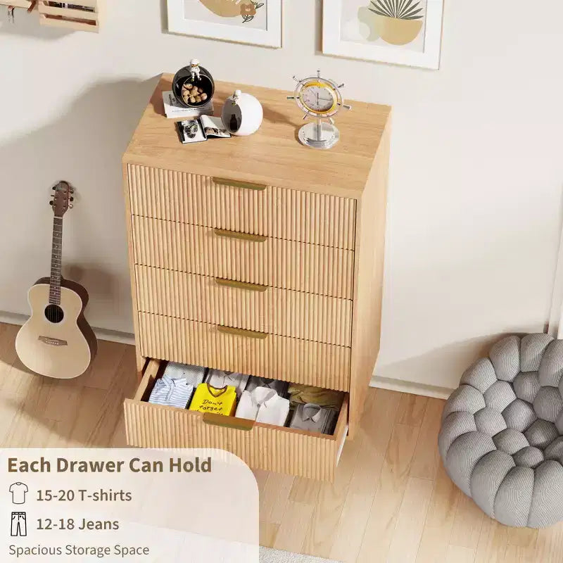 Commode à 5 tiroirs pour chambre à coucher, commode en bois de 29,5 pouces, commode cannelée avec poignées en métal doré, organisateur grande capacité pour couloir et entrée
