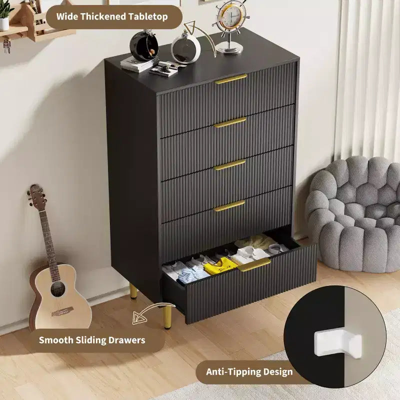 Commode à 5 tiroirs pour chambre à coucher, commode en bois de 29,5 pouces, commode cannelée avec poignées en métal doré, organisateur grande capacité pour couloir et entrée