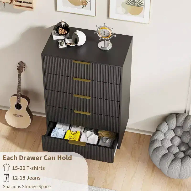 Commode à 5 tiroirs pour chambre à coucher, commode en bois de 29,5 pouces, commode cannelée avec poignées en métal doré, organisateur grande capacité pour couloir et entrée