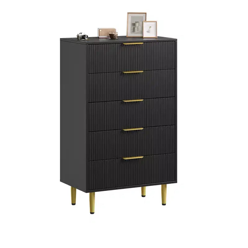 5 Drawer Dresser for Bedroom, 29.5 Wood Chest of Drawers, Fluted Dresser with Golden Metal Handles, Large Capacity Organizer for Hallway & Entryway