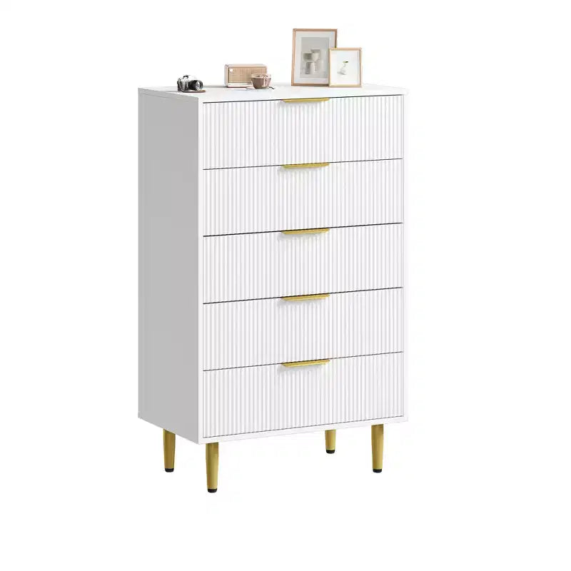 Commode à 5 tiroirs pour chambre à coucher, commode en bois de 29,5 pouces, commode cannelée avec poignées en métal doré, organisateur grande capacité pour couloir et entrée