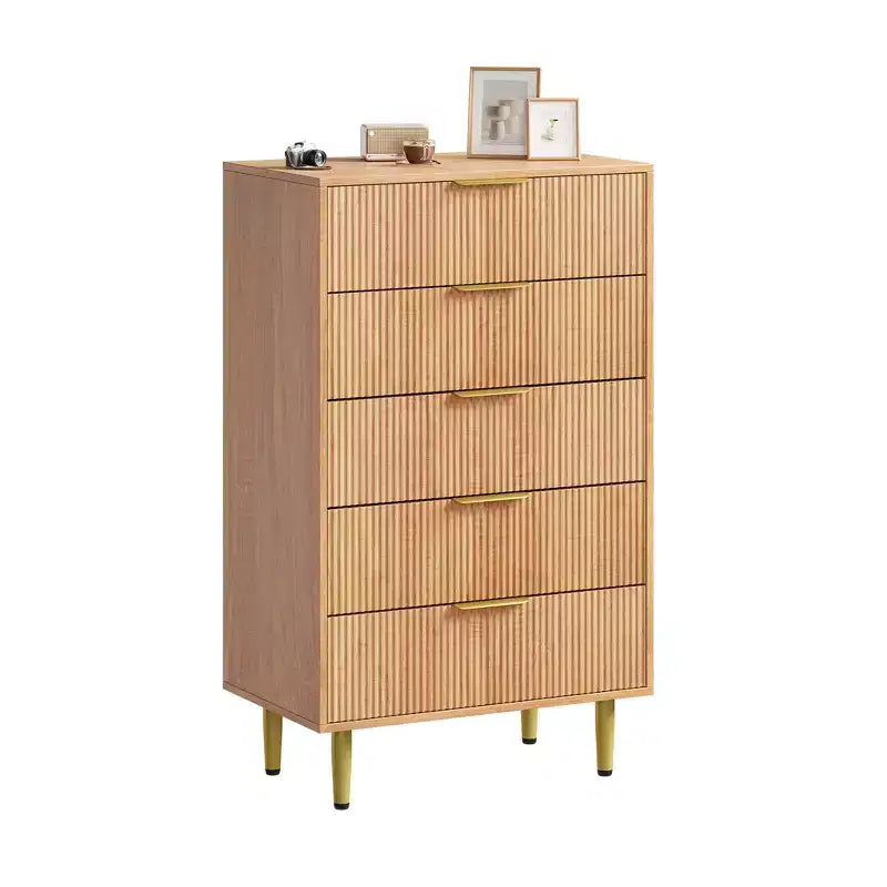 Commode à 5 tiroirs pour chambre à coucher, commode en bois de 29,5 pouces, commode cannelée avec poignées en métal doré, organisateur grande capacité pour couloir et entrée