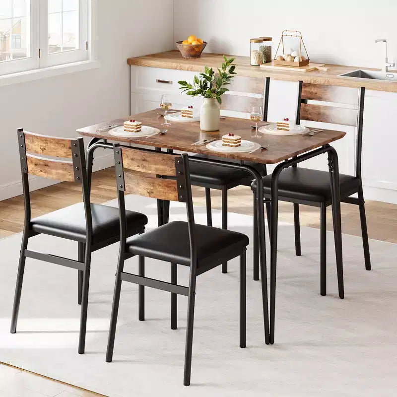 Dining Table Set, Kitchen Table with 4 Upholstered Leather Chairs, Industrial Dining Table Chairs with Steel Legs for Dining Room, Kitchen, Brown