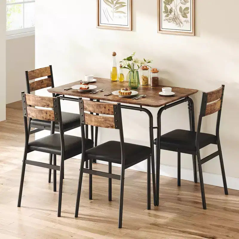 Ensemble table de salle à manger, table de cuisine avec 4 chaises rembourrées en cuir, chaises de salle à manger industrielles avec pieds en acier pour salle à manger, cuisine, marron
