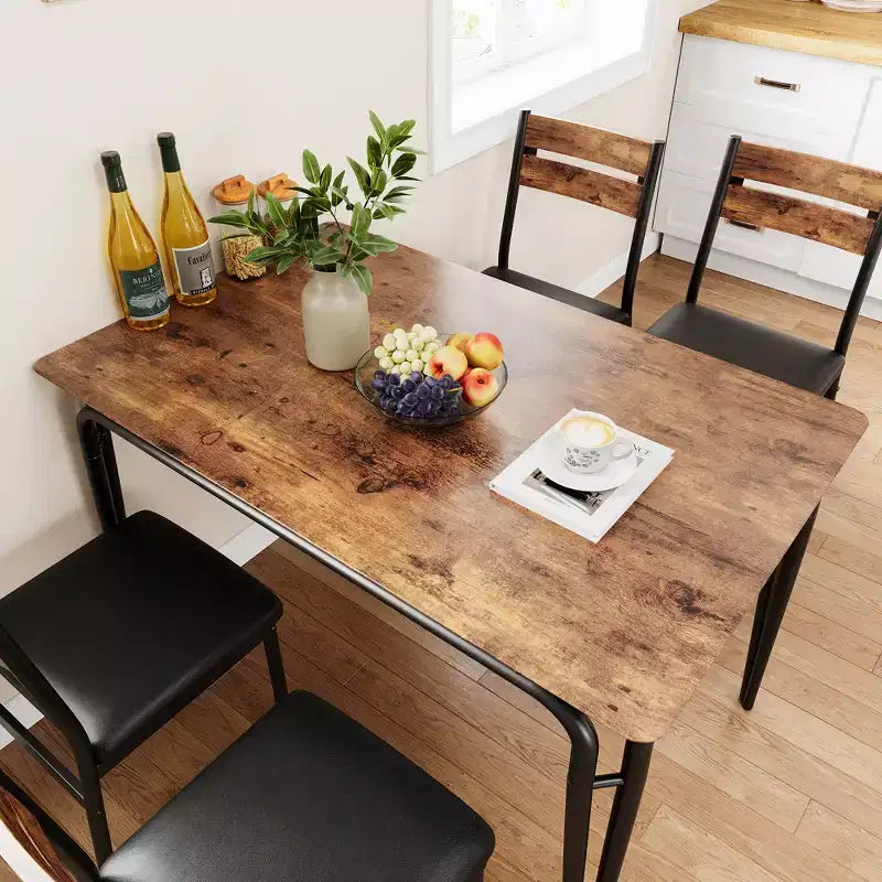 Ensemble table de salle à manger, table de cuisine avec 4 chaises rembourrées en cuir, chaises de salle à manger industrielles avec pieds en acier pour salle à manger, cuisine, marron