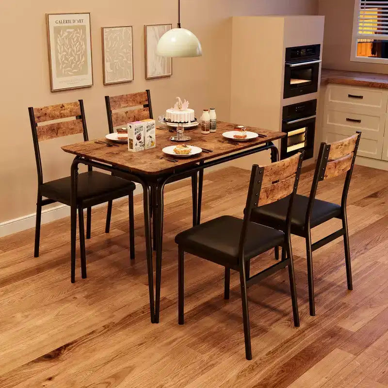 Ensemble table de salle à manger, table de cuisine avec 4 chaises rembourrées en cuir, chaises de salle à manger industrielles avec pieds en acier pour salle à manger, cuisine, marron