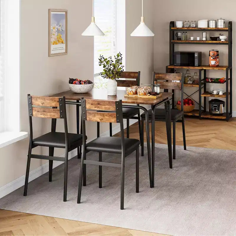 Ensemble table de salle à manger, table de cuisine avec 4 chaises rembourrées en cuir, chaises de salle à manger industrielles avec pieds en acier pour salle à manger, cuisine, marron