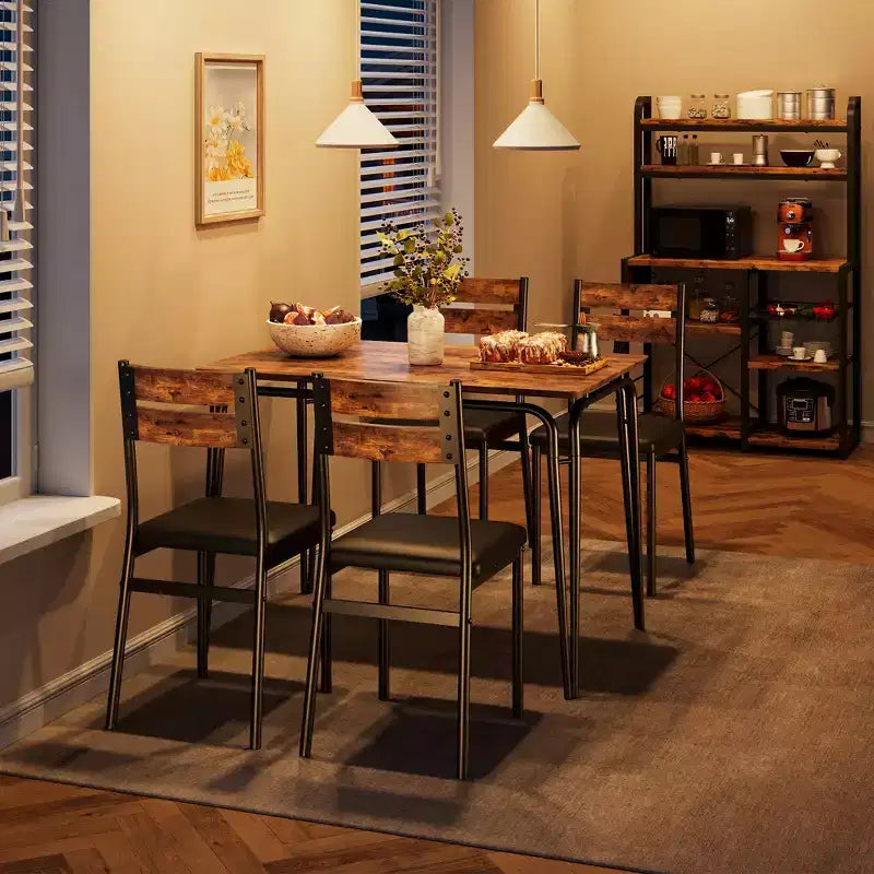 Ensemble table de salle à manger, table de cuisine avec 4 chaises rembourrées en cuir, chaises de salle à manger industrielles avec pieds en acier pour salle à manger, cuisine, marron