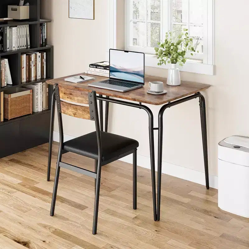 Ensemble table de salle à manger, table de cuisine avec 4 chaises rembourrées en cuir, chaises de salle à manger industrielles avec pieds en acier pour salle à manger, cuisine, marron
