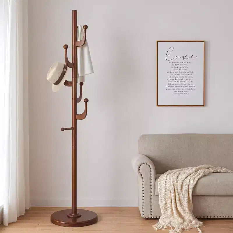 Bekrvio Cactus Freestanding Coat Rack Solid Wood Coat Tree with 7 Hooks and Sturdy Round Base, Entryway Wooden Coat Stands for Coats, Hats & Bags