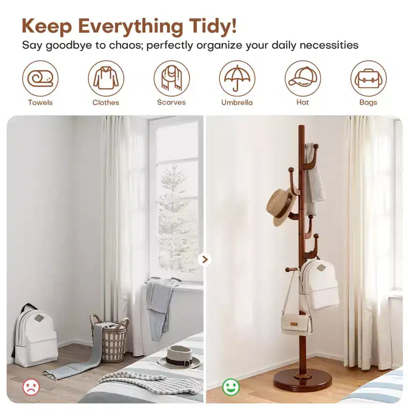 Bekrvio Cactus Freestanding Coat Rack Solid Wood Coat Tree with 7 Hooks and Sturdy Round Base, Entryway Wooden Coat Stands for Coats, Hats & Bags
