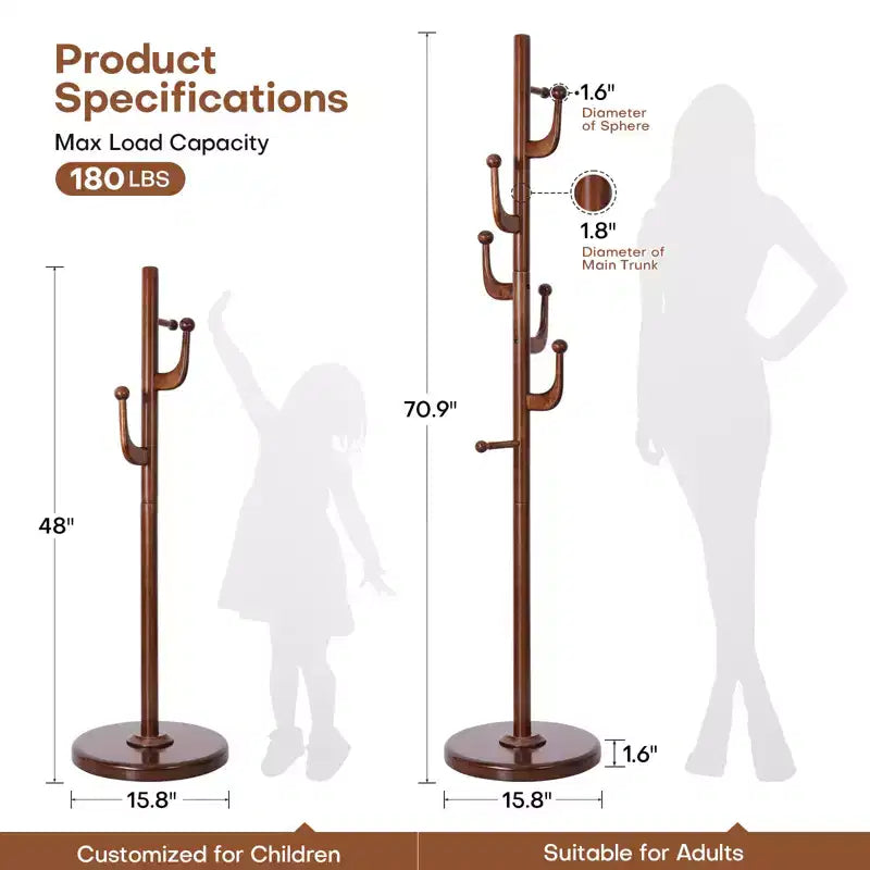 Bekrvio Cactus Freestanding Coat Rack Solid Wood Coat Tree with 7 Hooks and Sturdy Round Base, Entryway Wooden Coat Stands for Coats, Hats & Bags