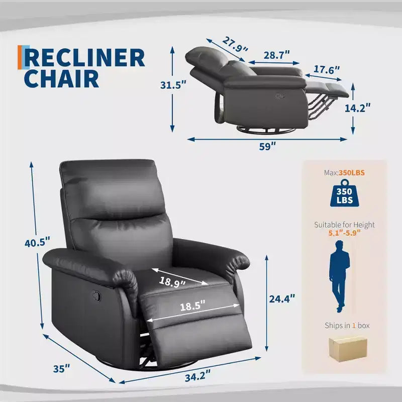 Manual Recliner Chair with Swivel Rocker - PU Leather Adjustable Backrest for Living Room Nursery