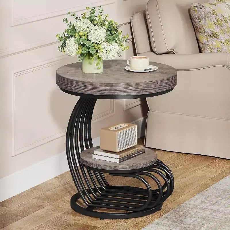 Lantine Round End Table: 2-Tier Farmhouse Wood Side Table with Shelf Storage, Arc-Shaped Frame, Accent Furniture for Living Room, Grey.