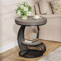 Lantine Round End Table: 2-Tier Farmhouse Wood Side Table with Shelf Storage, Arc-Shaped Frame, Accent Furniture for Living Room, Grey.