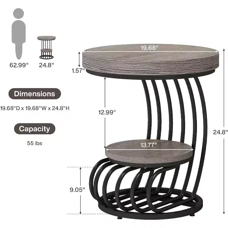 Table d'appoint ronde Lantine : Table de chevet de style ferme à 2 niveaux avec étagère de rangement, cadre en arc, meuble d'appoint pour salon, gris.