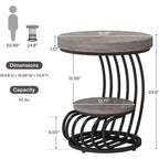 Table d'appoint ronde Lantine : Table de chevet de style ferme à 2 niveaux avec étagère de rangement, cadre en arc, meuble d'appoint pour salon, gris.