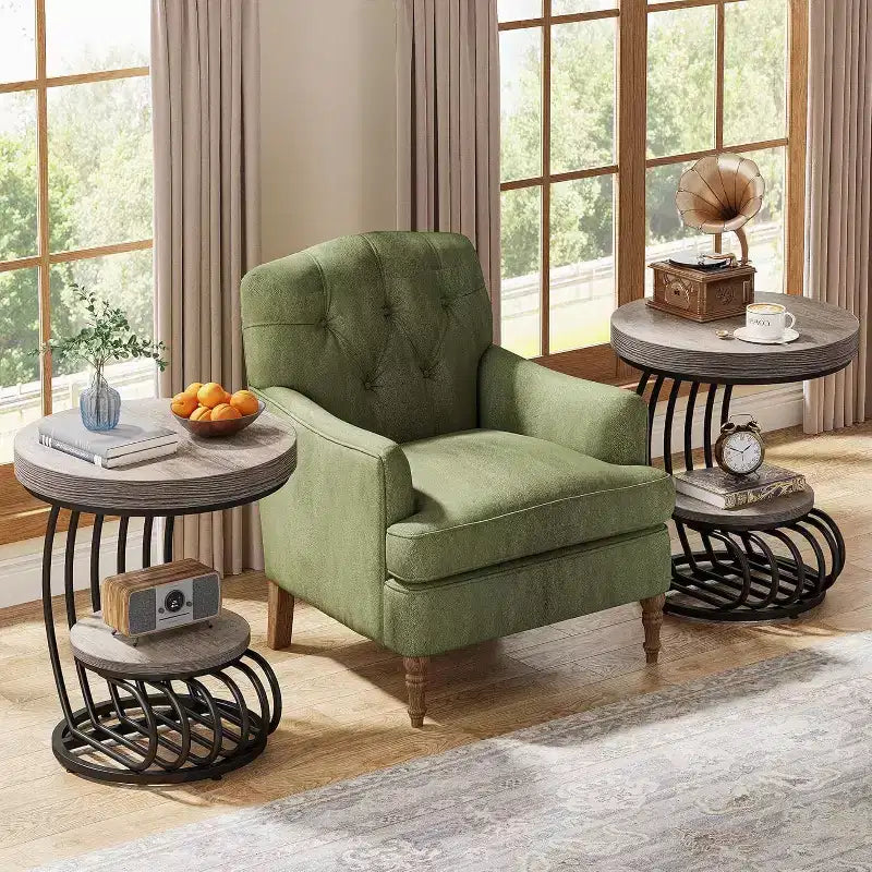 Table d'appoint ronde Lantine : Table de chevet de style ferme à 2 niveaux avec étagère de rangement, cadre en arc, meuble d'appoint pour salon, gris.