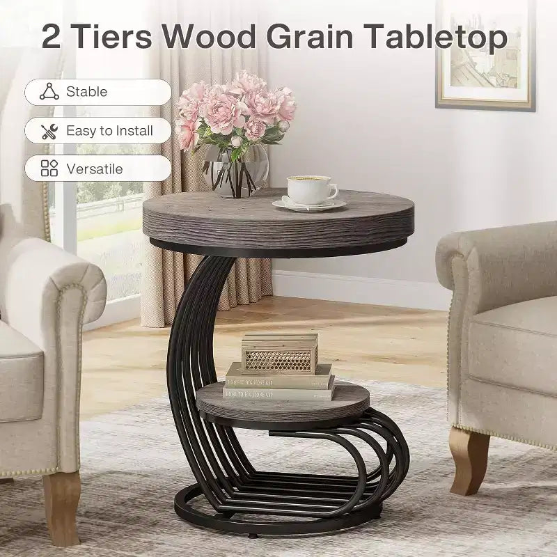 Table d'appoint ronde Lantine : Table de chevet de style ferme à 2 niveaux avec étagère de rangement, cadre en arc, meuble d'appoint pour salon, gris.