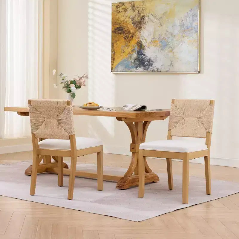 GDFStudio Haven – Chaises de salle à manger en bois rembourrées en lin avec dossier en corde (lot de 2)