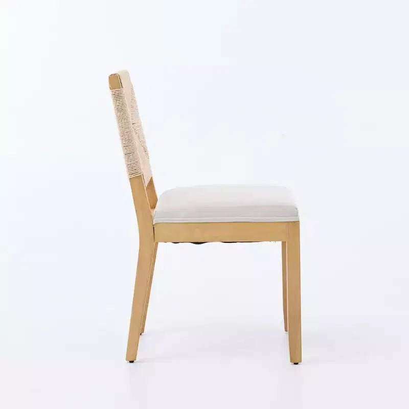 GDFStudio Haven – Chaises de salle à manger en bois rembourrées en lin avec dossier en corde (lot de 2)