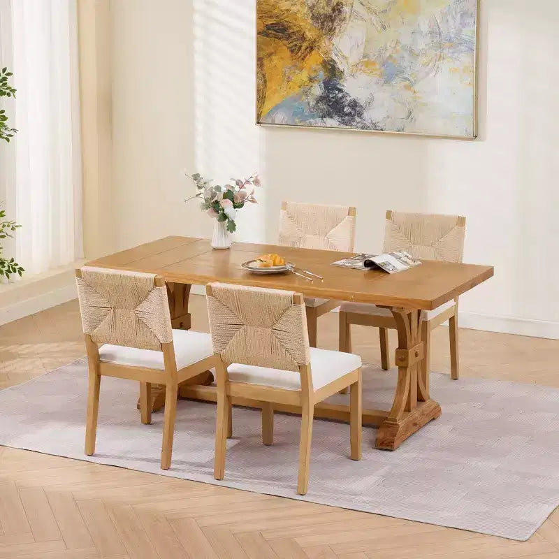 GDFStudio Haven – Chaises de salle à manger en bois rembourrées en lin avec dossier en corde (lot de 2)