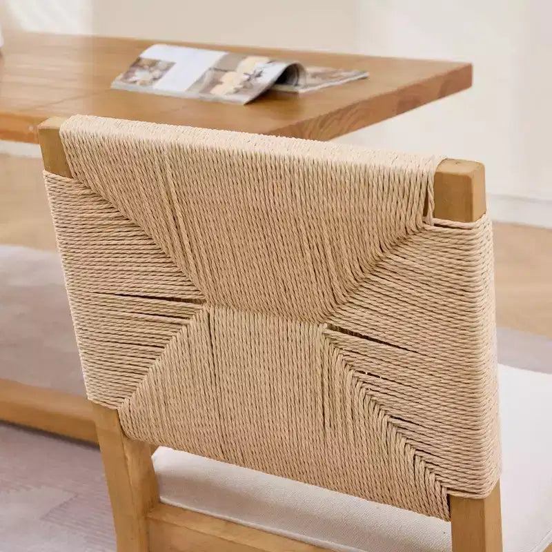 GDFStudio Haven – Chaises de salle à manger en bois rembourrées en lin avec dossier en corde (lot de 2)