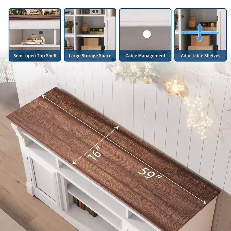 Meuble TV de ferme, meuble de divertissement de 58 pouces pour téléviseurs jusqu'à 65 pouces, console média avec compartiments de rangement ouverts pour salon