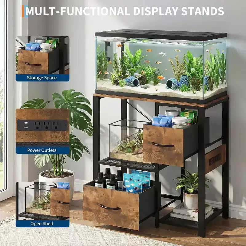 20-29 Gallon Fish Tank Stand with Power Outlets, Heavy Duty Metal and Wood Aquarium Table with Storage Shelf for Living Room
