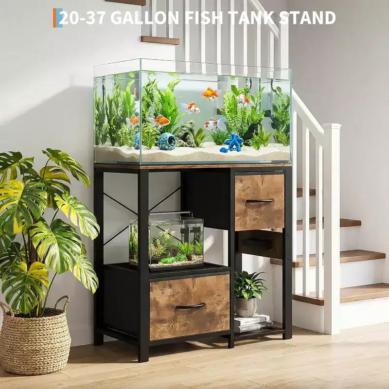 20-29 Gallon Fish Tank Stand with Power Outlets, Heavy Duty Metal and Wood Aquarium Table with Storage Shelf for Living Room