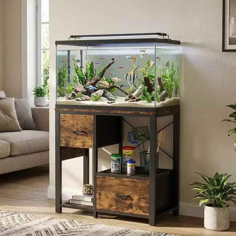 20-29 Gallon Fish Tank Stand with Power Outlets, Heavy Duty Metal and Wood Aquarium Table with Storage Shelf for Living Room