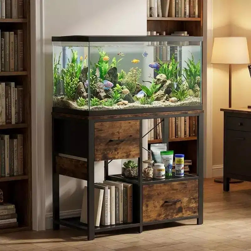 20-29 Gallon Fish Tank Stand with Power Outlets, Heavy Duty Metal and Wood Aquarium Table with Storage Shelf for Living Room