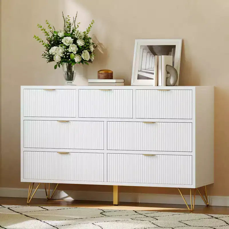 Modern 7-Drawer Dresser for Bedroom, 47-Inch Wide Wood TV Stand with Gold Metal Handles & Feet, Storage Organizer for Living Room, Entryway, Hallway