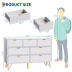 Commode moderne à 7 tiroirs pour chambre à coucher, meuble TV en bois de 120 cm de large avec poignées et pieds en métal doré, organisateur de rangement pour salon, entrée, couloir