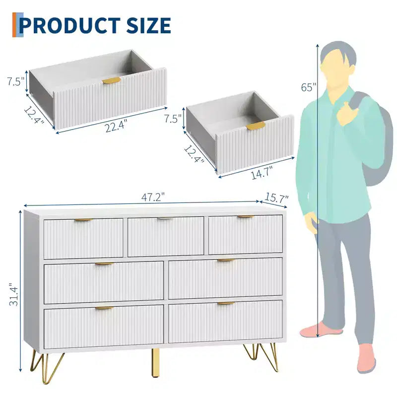 Commode moderne à 7 tiroirs pour chambre à coucher, meuble TV en bois de 120 cm de large avec poignées et pieds en métal doré, organisateur de rangement pour salon, entrée, couloir