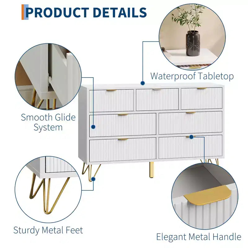 Commode moderne à 7 tiroirs pour chambre à coucher, meuble TV en bois de 120 cm de large avec poignées et pieds en métal doré, organisateur de rangement pour salon, entrée, couloir