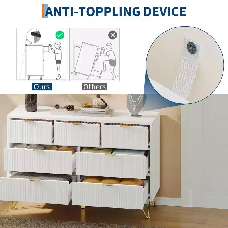 Commode moderne à 7 tiroirs pour chambre à coucher, meuble TV en bois de 120 cm de large avec poignées et pieds en métal doré, organisateur de rangement pour salon, entrée, couloir