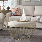 Pouf rond rembourré en tissu Gillian – Doré/beige – iNSPIRE Q
