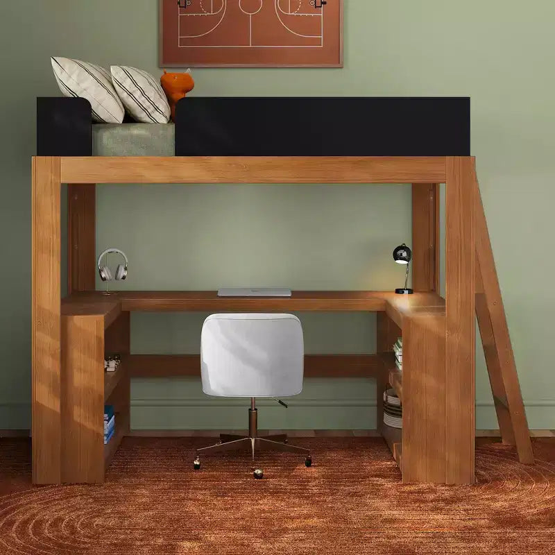 Lit mezzanine double de style Mid-Century Modern avec bureau et étagères intégrés