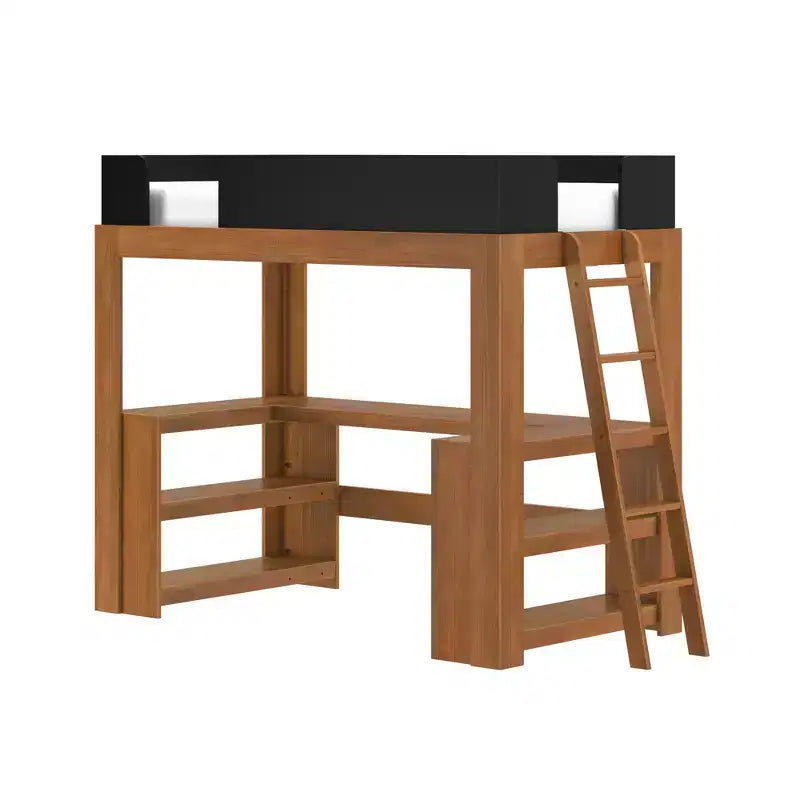 Lit mezzanine double de style Mid-Century Modern avec bureau et étagères intégrés