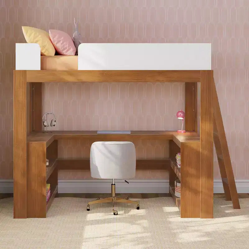 Lit mezzanine double de style Mid-Century Modern avec bureau et étagères intégrés