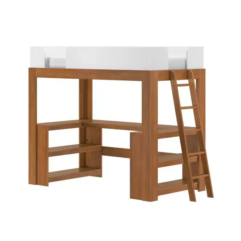 Lit mezzanine double de style Mid-Century Modern avec bureau et étagères intégrés