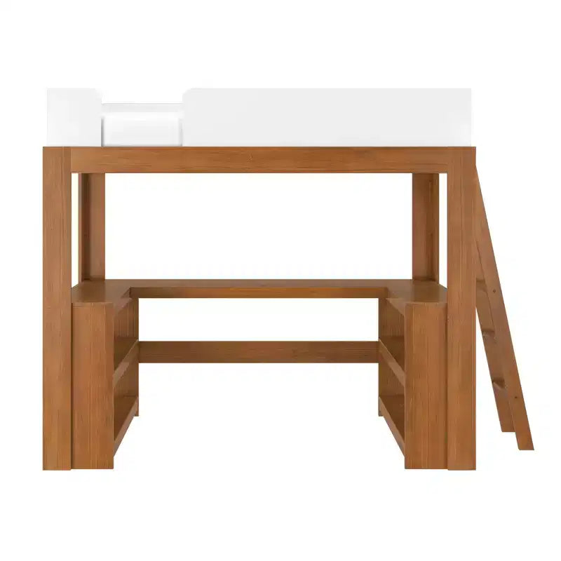 Lit mezzanine double de style Mid-Century Modern avec bureau et étagères intégrés